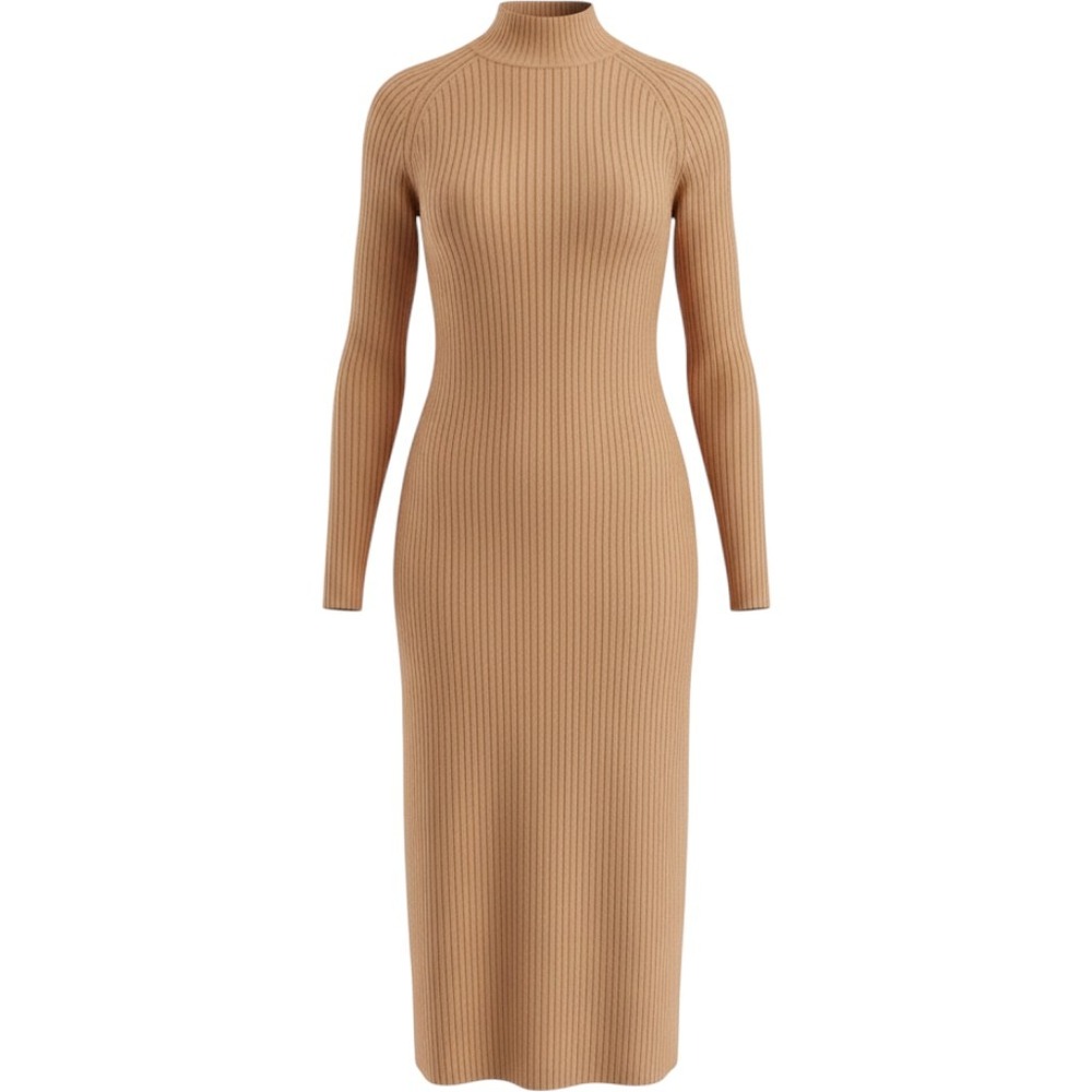 Talbots Ribbed Sweater Dress M Womens Mock Neck Button Back Camel Midi Cozy